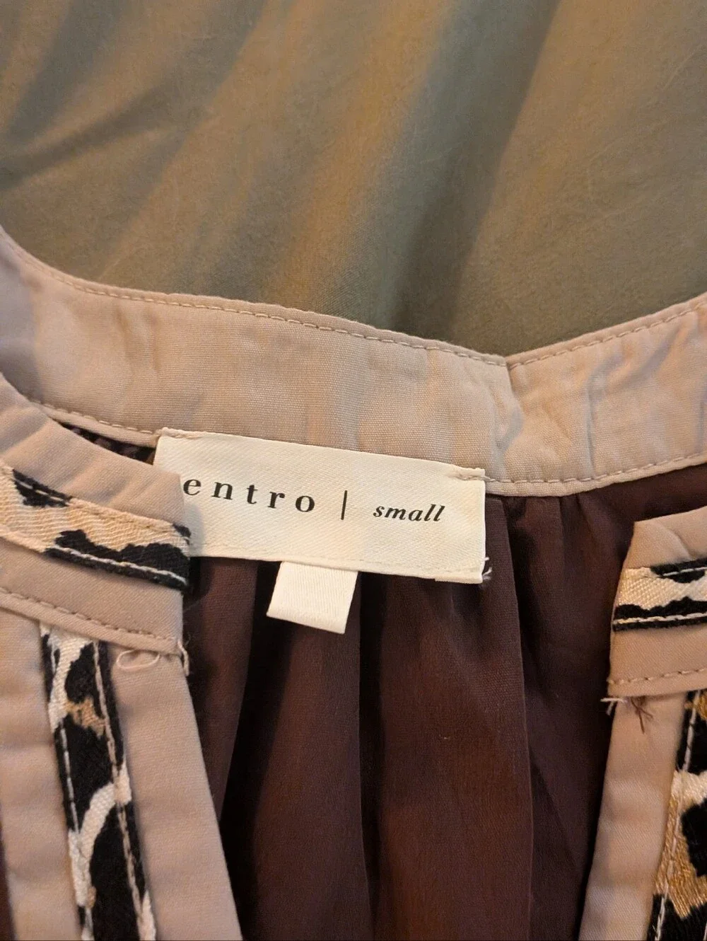 Anthropologie , Entro Brown Puff-Sleeve Top with Animal-Print Trim